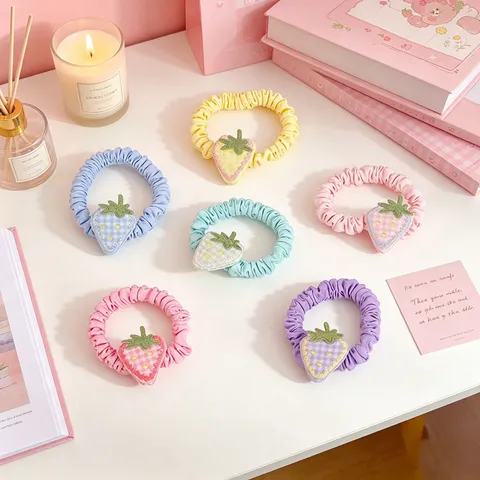 Coleteros para el Cabello de Tela a Cuadros de Fresa Dulce Hecho a Mano Bordado de Frutas Gomas del Pelo Elásticas de Colores para Niñas Mujeres Accesorios