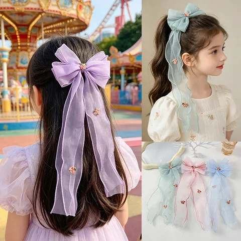Pince à Cheveux Nœud Papillon en Maille Éthérée pour Enfants Princesse Avec Long Ruban Floral Brodé Filles Accessoires de Cheveux
