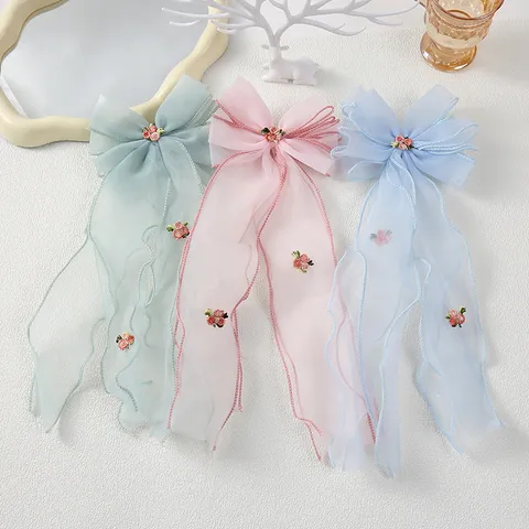 Pince à Cheveux Nœud Papillon en Maille Éthérée pour Enfants Princesse Avec Long Ruban Floral Brodé Filles Accessoires de Cheveux