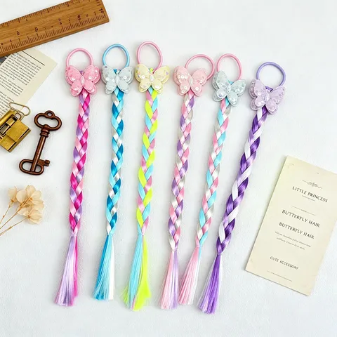 Cute Children Sequin Butterfly Hair Ties Synthetic Hair Extension Braids Colorful Gradient Braid Scrunchies For Girls Hair Accessories