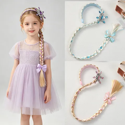 Cerchietto Parrucca Treccia Lunga da Principessa Con Fiocco Strass Fiocco di Neve Accessori Capelli Cartoni Animati per Bambini Ragazze Festa