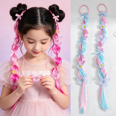 Sweet Kids Butterfly Floral Braided Synthetic Ponytail Hair Elastics Cartoon Extension Hairpiece Hair Bands Accessories For Girls