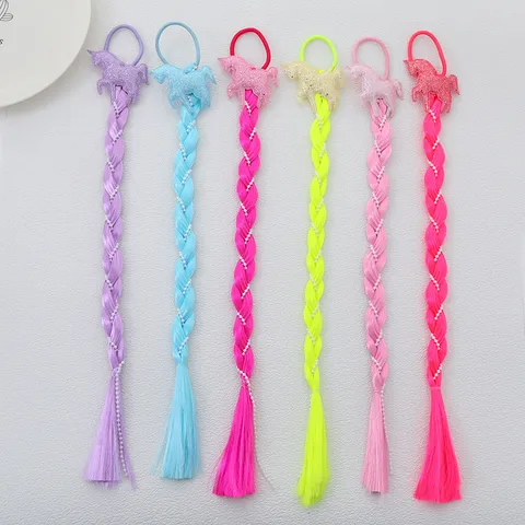Children Cartoon Unicorn Pony Hair Ties Synthetic Fiber Wig Braids Colorful Extensions Hairband with Artificial Pearl Decor for Kids Festival Party