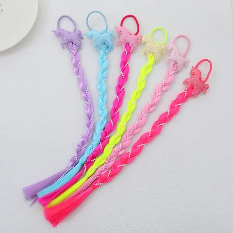 Children Cartoon Unicorn Pony Hair Ties Synthetic Fiber Wig Braids Colorful Extensions Hairband with Artificial Pearl Decor for Kids Festival Party