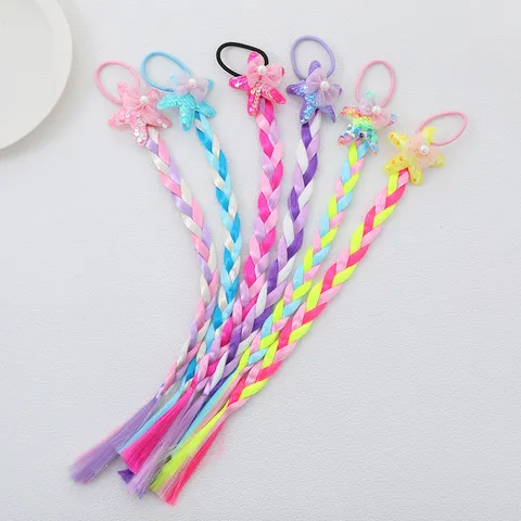 Kids Girl Multicolor Synthetic Fiber Wig Braids Hair Ties Cute Starfish Star Ponytail Extensions Ocean Style Handmade Hair Band Accessories Gift