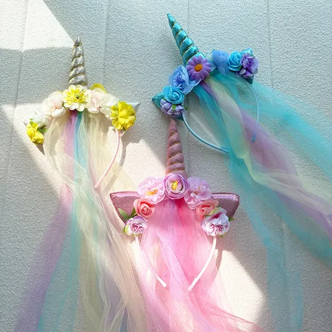 Girls Dreamy Unicorn Headband Princess Gradient Mesh Veil With Lace Tassel Fabric Flower Hair Band Accessories For Kids Birthday Party Decor