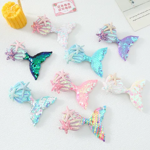Kids Cartoon Sequin Mermaid Tail Hair Clip Starfish Shell Hairpin Cute Hair Accessories Clothes Bags Craft Materials