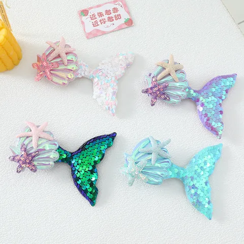 Kids Cartoon Sequin Mermaid Tail Hair Clip Starfish Shell Hairpin Cute Hair Accessories Clothes Bags Craft Materials