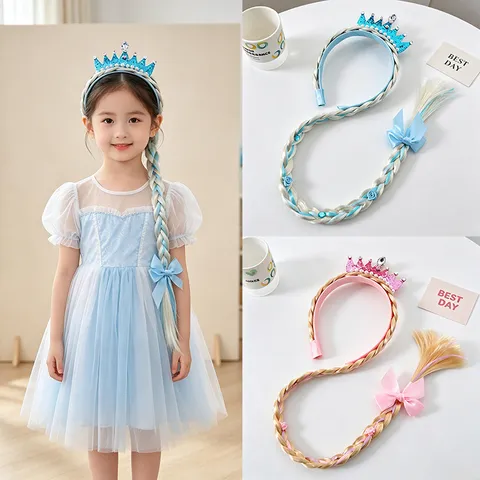Princess Tiara Wig Headband With Long Braid Kids Crown Hair Hoop Cartoon Butterfly Ribbon Hair Accessories For Girls Party