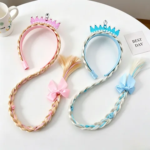 Princess Tiara Wig Headband With Long Braid Kids Crown Hair Hoop Cartoon Butterfly Ribbon Hair Accessories For Girls Party