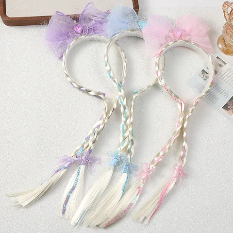 Kids Cartoon Cute Princess Crown Mesh Bowknot Headband With Synthetic Hair Long Braids Sweet Fairy Cosplay Party Decorative Hair Band Accessory