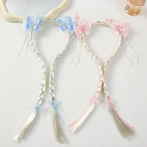 Kids Princess Butterfly Hairband With Long Braid Wig Sequin Bowknot Cartoon Headband Plastic Resin Hair Accessories For Girl Party
