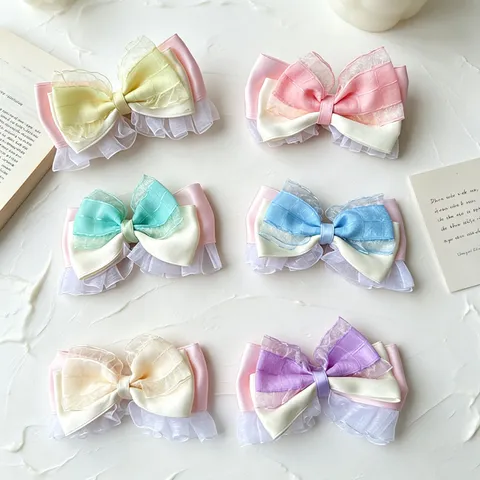 French Vintage Oversized Mesh Gauze Bowknot Hair Clip Handmade Sweet Princess Ribbon Lace Trim Hair Accessories for Kids Girls