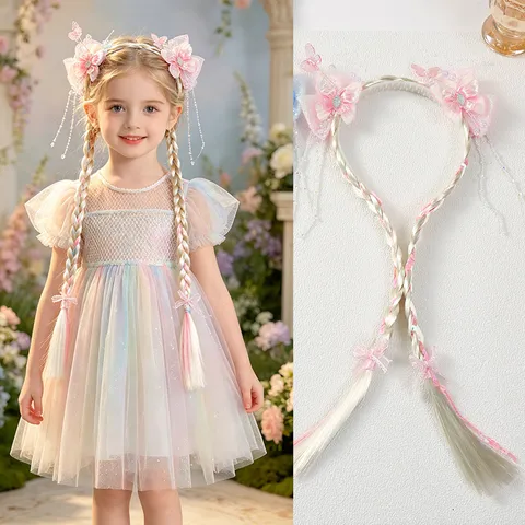 Kids Princess Butterfly Hairband With Long Braid Wig Sequin Bowknot Cartoon Headband Plastic Resin Hair Accessories For Girl Party
