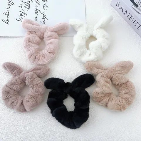 Cute Plush Rabbit Ears Hair Scrunchies Sweet Solid Color Fuzzy Hair Ties Faux Fur Elastic Ponytail Holder Autumn Winter Hair Accessories For Girls Women