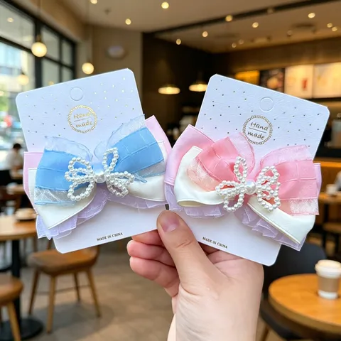 Pinza para Cabello de Lazo de Malla Dulce Lindo Con Perla Artificial Hecho a Mano Princesa Horquilla Accesorios para Cabello Niñas Infantiles