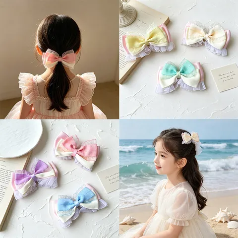 French Vintage Oversized Mesh Gauze Bowknot Hair Clip Handmade Sweet Princess Ribbon Lace Trim Hair Accessories for Kids Girls