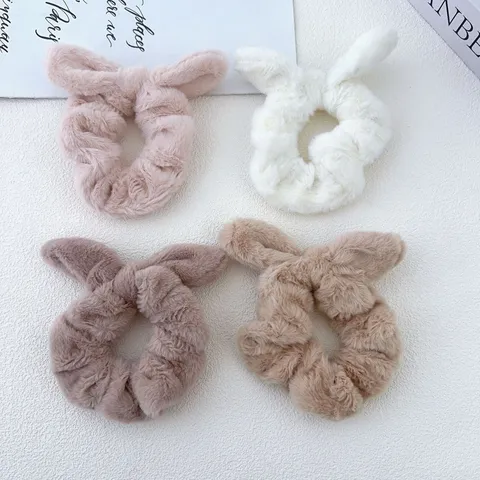Cute Plush Rabbit Ears Hair Scrunchies Sweet Solid Color Fuzzy Hair Ties Faux Fur Elastic Ponytail Holder Autumn Winter Hair Accessories For Girls Women