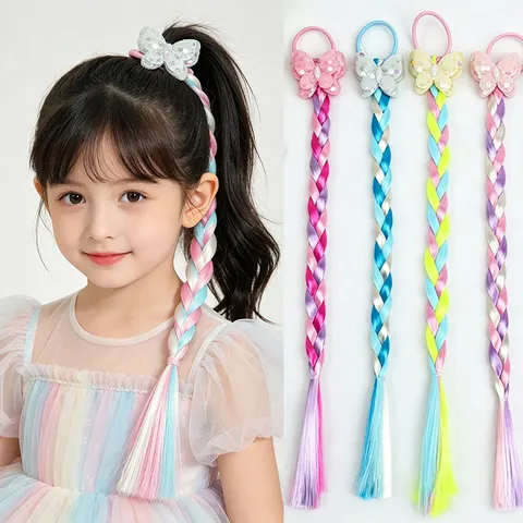 Cute Children Sequin Butterfly Hair Ties Synthetic Hair Extension Braids Colorful Gradient Braid Scrunchies For Girls Hair Accessories