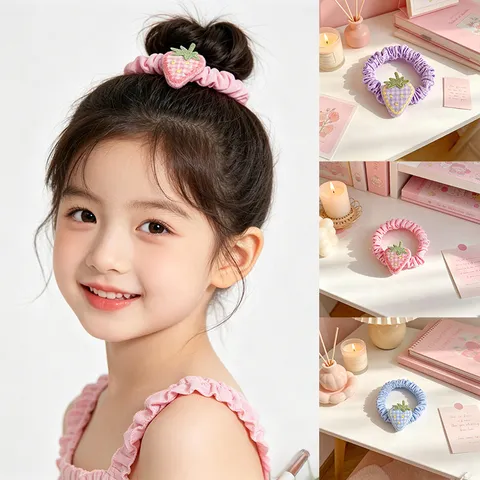Coleteros para el Cabello de Tela a Cuadros de Fresa Dulce Hecho a Mano Bordado de Frutas Gomas del Pelo Elásticas de Colores para Niñas Mujeres Accesorios