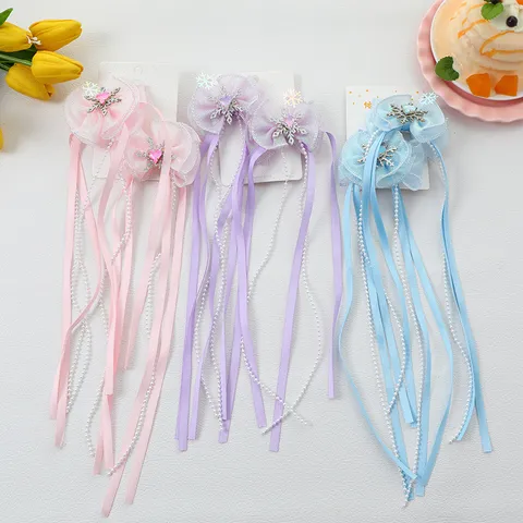 Pinzas para el Pelo con Lazo de Malla y Cinta Larga Cadena de Perlas Artificiales Strass Copo de Nieve Corazón Tocado para Niñas