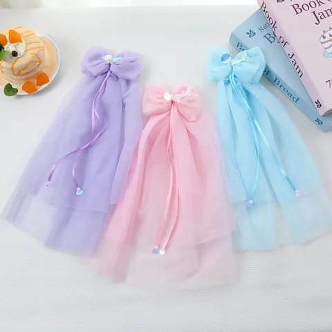 Pinza para el Cabello con Velo Largo de Princesa Lazo de Malla Horquilla Concha Lentejuelas Sirena Tulle Cinta Tocado para Niños Niñas Fiesta Accesorios Diarios
