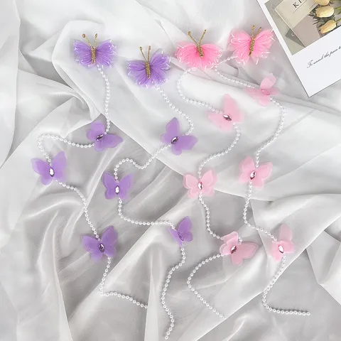 Pinces à Cheveux Papillon en Tissu Fait Main Avec Chaîne de Perles Artificielles Tassel Tocado de Fée Princesse pour Filles Enfants