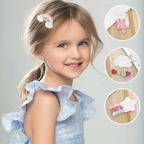 Glitter Fabric Rainbow Star Hair Clips For Kids Cute Cloud Balloon Alligator Clips Cartoon Sequin Hairpins Girls Hair Accessories