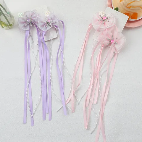 Pinzas para el Pelo con Lazo de Malla y Cinta Larga Cadena de Perlas Artificiales Strass Copo de Nieve Corazón Tocado para Niñas