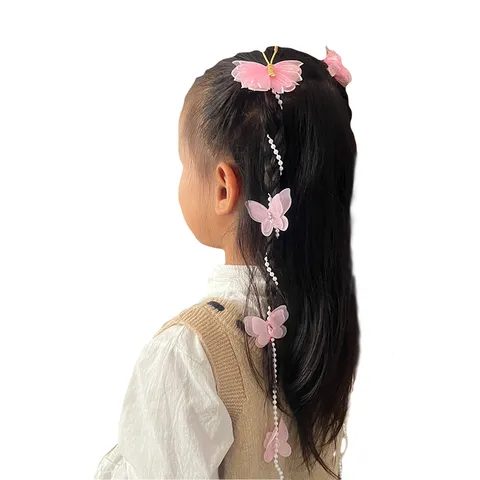 Pinces à Cheveux Papillon en Tissu Fait Main Avec Chaîne de Perles Artificielles Tassel Tocado de Fée Princesse pour Filles Enfants