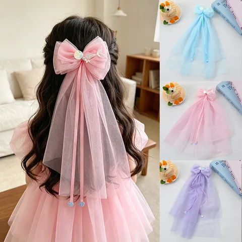 Pinza para el Cabello con Velo Largo de Princesa Lazo de Malla Horquilla Concha Lentejuelas Sirena Tulle Cinta Tocado para Niños Niñas Fiesta Accesorios Diarios
