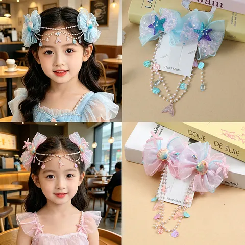 Kids Mermaid Sea Theme Hair Clip Set Fabric Mesh Bowknot Headwear With Seashell Starfish Decor Artificial Pearl Tassel Chain Hairpins For Girls Stage Performance Party Everyday Accessories