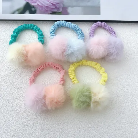 Dulce Lindo Goma de Pelo con Pompón de Peluche para Niños Bloque de Color Scrunchie de Tela Suave Elástico Accesorios para Cabello Niñas