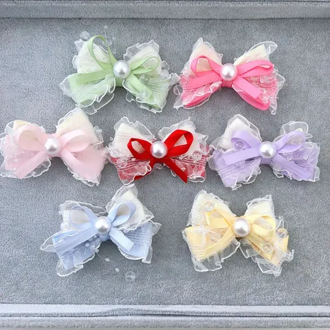 Handmade Fabric Double Bowknot Hair Clip With Artificial Pearl Lolita Style Sweet Lace Edge Alligator Clip Hair Accessories For Girls Women