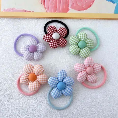 Korean Style Plaid Fabric Flower Hair Ties Sweet Padded Checkered Blossom Elastic Scrunchies For Kids Girls Hair Accessories