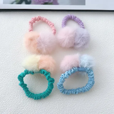 Dulce Lindo Goma de Pelo con Pompón de Peluche para Niños Bloque de Color Scrunchie de Tela Suave Elástico Accesorios para Cabello Niñas