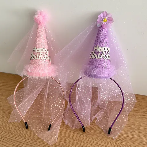 Cute Birthday Party Mesh Crown Headband With Sequin Hat Tulle Veil For Kids Birthday Decoration Star Glitter Hair Band Theme Activity Dressing Up Props Gift