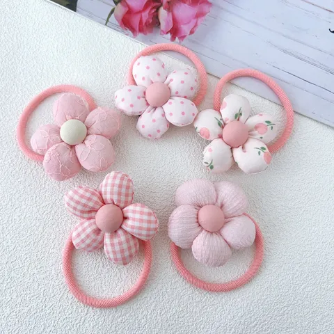 Cute Fabric Flower Hair Ties Pink Plaid Polka Dot Bowknot Scrunchies Sweet Handmade Hair Ropes Ornaments For Kids Girls Jewelry