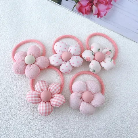 Cute Fabric Flower Hair Ties Pink Plaid Polka Dot Bowknot Scrunchies Sweet Handmade Hair Ropes Ornaments For Kids Girls Jewelry