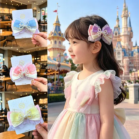 Pinza para Cabello de Lazo de Malla Dulce Lindo Con Perla Artificial Hecho a Mano Princesa Horquilla Accesorios para Cabello Niñas Infantiles