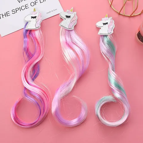 Barrette à Cheveux Licorne Paillettes Dessin Animé Enfants Extensions Perruque Colorée Postiche Synthétique Dégradé Filles