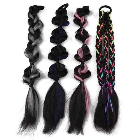 Extension de Queue de Cheval Tresses de Boxe Synthétiques Cordon Coloré Tressé Postiches Tresse Bulle Avec Élastique Accessoires de Cheveux pour Femmes