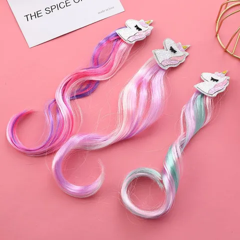 Barrette à Cheveux Licorne Paillettes Dessin Animé Enfants Extensions Perruque Colorée Postiche Synthétique Dégradé Filles