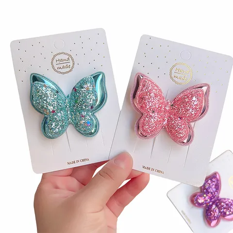Mignon Enfants Double Couche Papillon Pince à Cheveux Paillettes Scintillantes Tissu Crocodile Dessin Animé Filles Accessoires Cheveux