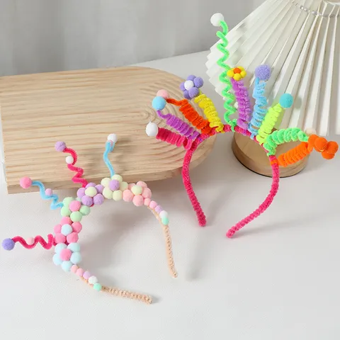 Funny Creative Flower Twist Strip Headband Colorful Plush Pompom Cute Quirky Hairband Costume Headpiece For Girls Birthday Party Stream Photo Props Jewelry