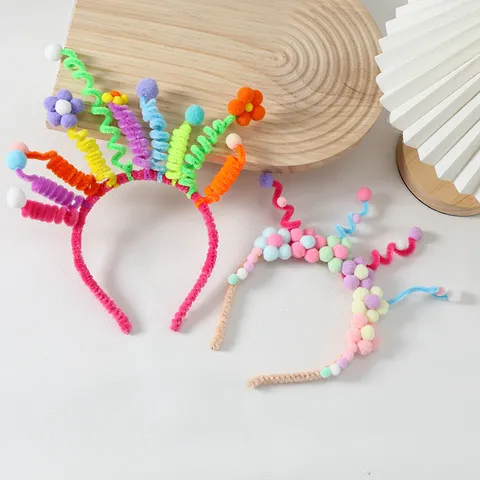 Funny Creative Flower Twist Strip Headband Colorful Plush Pompom Cute Quirky Hairband Costume Headpiece For Girls Birthday Party Stream Photo Props Jewelry