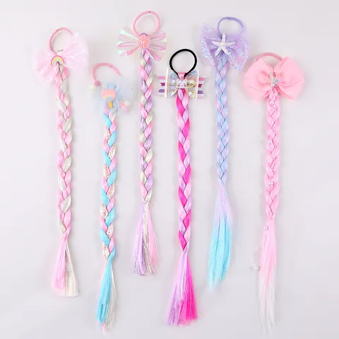 Kids Colorful Synthetic Hair Extension Braids Hair Ties Ribbon Bowknot Artificial Pearl Starfish Hair Accessories For Girls Stage Performance