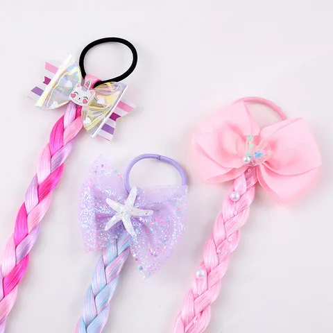 Kids Colorful Synthetic Hair Extension Braids Hair Ties Ribbon Bowknot Artificial Pearl Starfish Hair Accessories For Girls Stage Performance