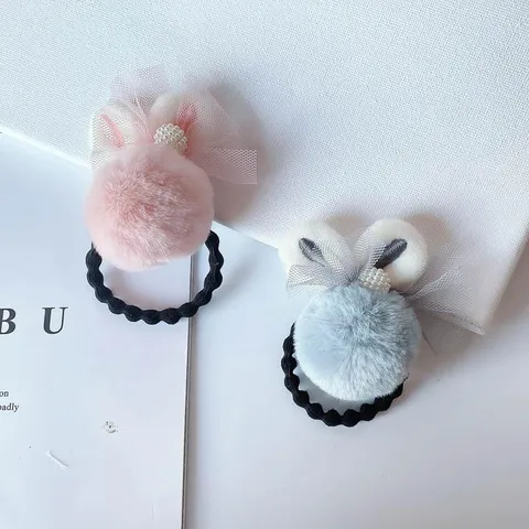 Mignon Élastique à Cheveux Pompon Oreilles de Lapin en Peluche pour Filles Douce Pince à Cheveux Nœud en Maille Broche Double Usage Accessoires Cheveux Enfants