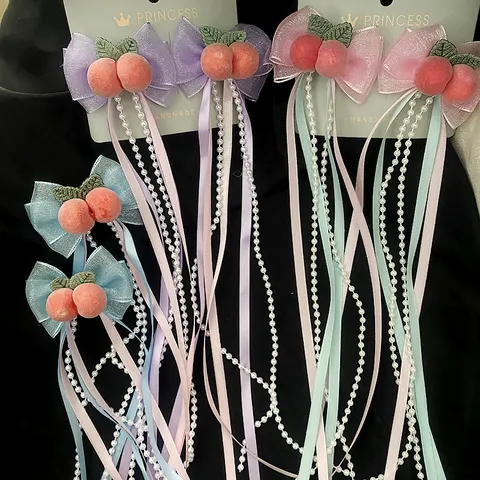 Fabric Bowknot Hair Clip With Artificial Pearl Tassel Peach Ribbon Sweet Handmade Elegant Headwear For Women Vintage Dress Costume Accessories